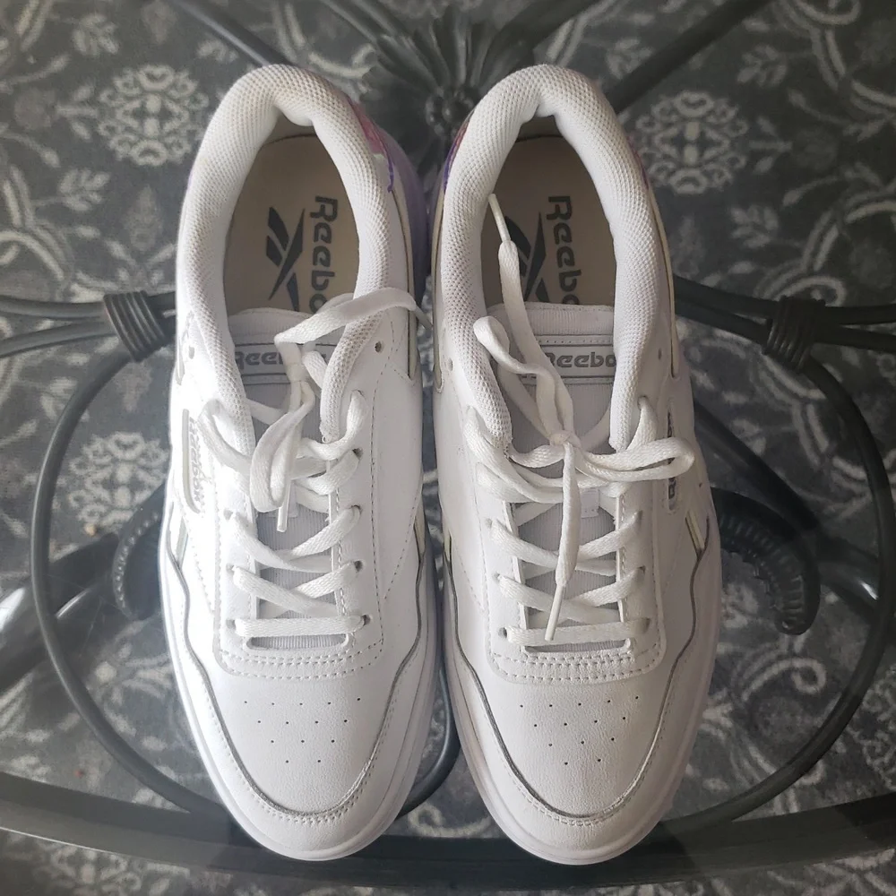 Reebok White Sneakers with Iridescent Lavender Heel Accent - Picture 9 of 9